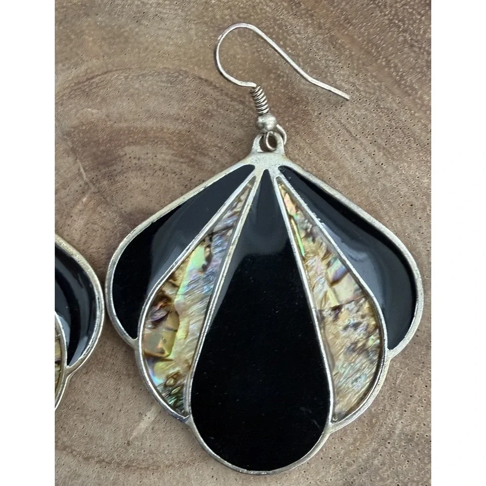 Vintage Black Enamel Inlay Abalone Silver Tone Dangle Fan Statement Earrings
